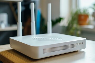 Poster - White wi fi router standing on wooden table, ensuring seamless network access for modern living