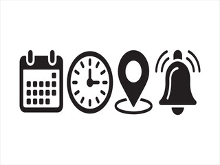 Set of four black icons representing calendar time location and notification alerts