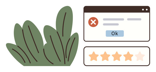 Error message popup with red cross icon, Ok button, star rating row, and green plant accent. Ideal for web design, user experience, feedback, review systems, development digital interaction