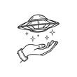 © Albina - Hand reaching for flying saucer with stars in black and white