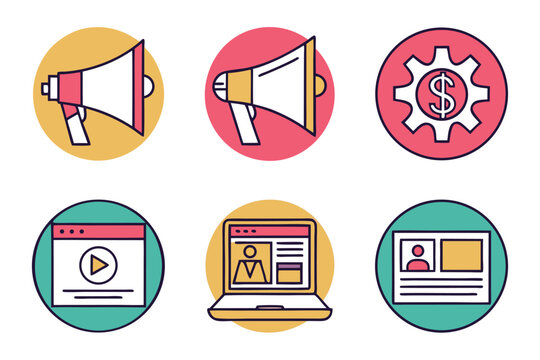 Icons of Megaphone, Gear, Dollar, Laptop, and Profile in Circles
