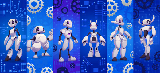 Poster - Cartoon futuristic robot and droid characters collage. Vector mechanical backgrounds showing gears and circuits, advanced technology and innovative robotics, artificial intelligence cyber machines