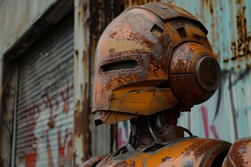 Poster - Rusty futuristic robot standing in front of a weathered wall, showcasing a blend of advanced technology and decay