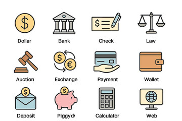 Poster - Vector business and finance icon set featuring editable stroke lines with symbols for money, banking, checks, law, auctions, exchange, payment, wallets, deposits, piggy banks, calculators, web, and