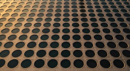 Poster - A grid of circular holes in a tan surface, reflecting light