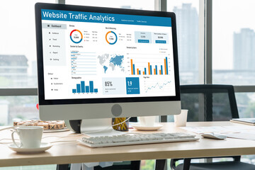 Poster - Computer software for website traffic analytics data on computer screen. Concept of SEO search engine optimization and customer targeting for online business snugly