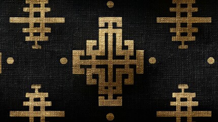 Aufkleber - Gold and black patterned fabric with a cross in the center. The cross is surrounded by smaller crosses and other shapes. Scene is elegant and sophisticated