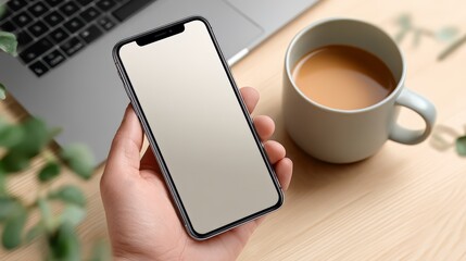 Aufkleber - Person is holding a cell phone with a white screen and a cup of coffee on a table