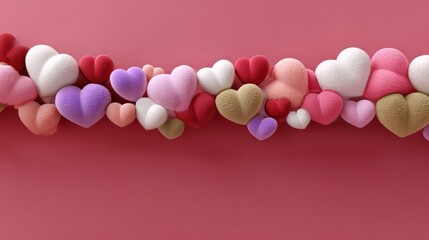 Poster - Row of hearts in various colors and sizes are arranged on a red background. Concept of love and affection, as the hearts are a symbol of this emotion. The variety of colors
