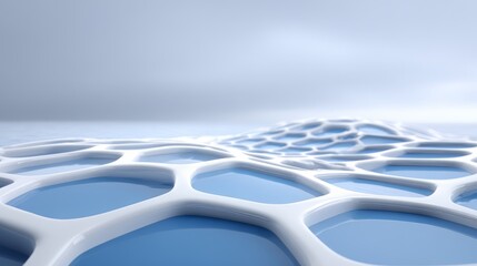 Poster - The image is a computer generated image of a blue and white ocean with a white and blue pattern. The pattern is made up of small squares and circles, giving the impression of a complex