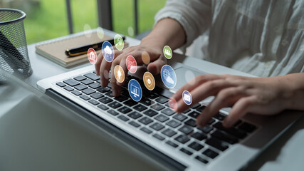 Poster - Set of business and digital service icons representing finance, cloud, analytics, email, communication, ecommerce, cybersecurity, and global connectivity in a modern ecosystem Latch