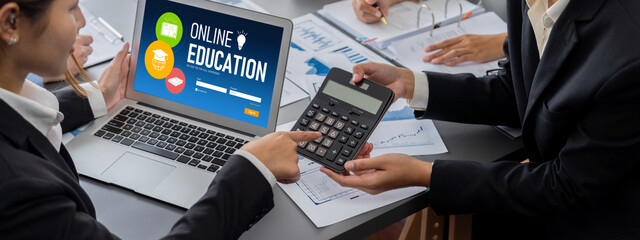 Poster - Business intelligence and data analysis concept. Analyst team working on financial data analysis dashboard on laptop screen as marketing indication for effective business strategic planning. Insight