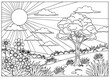 © DesignerKamran99 - A black and white coloring page of a sunny landscape scene