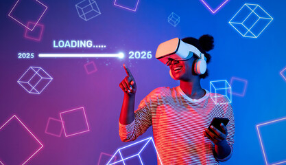 Poster - A cheerful young woman enjoys an engaging virtual reality experience, with a loading bar visually representing the transition from 2025 to 2026 in a colorful digital setting. XDMCP