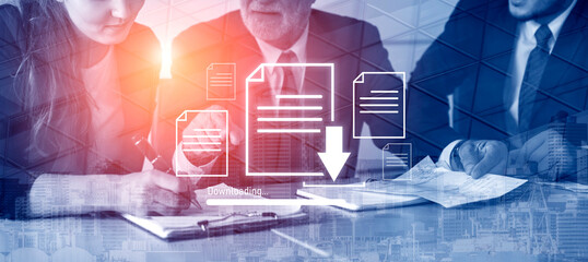 Poster - Visual representation of digital document downloading, showing file transfer, data access, and progress status for secure and efficient information retrieval Vouch