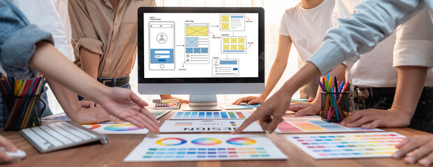 Fototapete - UX UI design process for brisk mobile application and website . Creative prototype of wireframe for professional app developer .