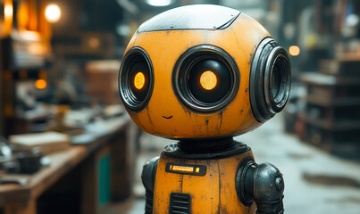 Poster - Small yellow humanoid robot with large round eyes standing in a blurred workshop background with warm lighting and detailed worn metal textures for futuristic technology concept