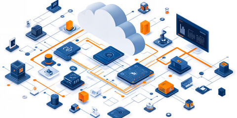 Poster - Isometric illustration of cloud computing network with interconnected servers, data storage devices, and analytics dashboard in technology infrastructure concept