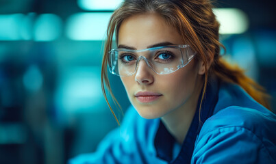 Poster - Focused young female engineer wearing safety glasses in industrial setting with blue lighting and modern technology background