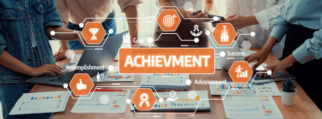 Poster - A vibrant workspace showcasing teamwork focused on achievement and success. Charts and tools highlight collaboration among professionals aiming for business goals. Amity