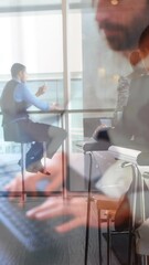 Poster - Animation of caucasian man using computer over business people in office