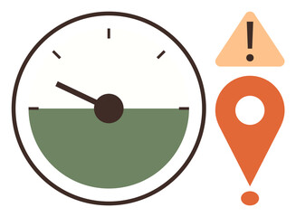 Poster - Speedometer with half-green gauge, orange exclamation alert, and map pin highlights caution, monitoring, and urgency. Ideal for navigation, risk, deadlines, efficiency tracking safety simple flat
