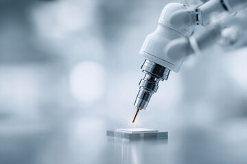 Poster - Robotic arm precisely applying fluid. Automation, precision engineering and cutting edge technology. Ideal for industrial and innovation themes.