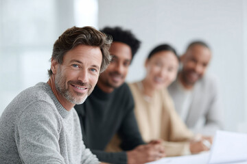 Poster - Confident leader with diverse team. Professional group smiles, symbolizing collaboration, teamwork, and innovation. Perfect for business, diversity, or success visuals.