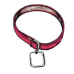 Poster - A pink pet collar with a buckle and a dark tag hanging from it isolated on a white background on transparent background