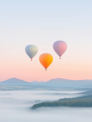  Three hot air balloons floating above a misty landscape at sunrise. Dreamy escape and freedom in pastel skies
