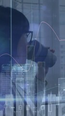 Poster - Animation of financial graphs over asian businesswoman using smartphone and drinking coffee