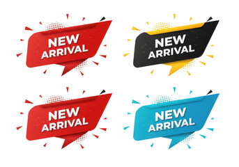 Aufkleber - Four colorful geometric speech bubble shapes with the text new arrival in white 3d letters isolated on transparent background