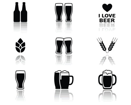 Beer Icons with Reflections – Bottles, Glasses, Hops, Wheat, and Beer Quote