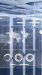 Poster - Animation of graphs, map, database and mathematical equations over server room in background