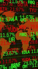 Poster - Animation depicts global economy with stock data on a red and green map.