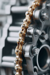 Poster - Closeup of a metallic engine part with a golden chain concept of connection, mechanism, and engineering. Ideal for technology, industry, or precision projects.