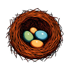 Poster - Illustration of a bird nest with four colorful eggs inside against a black background space art on transparent background