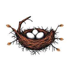 Poster - Illustration of a bird nest with three dark eggs and small branches with leaves around it on transparent background