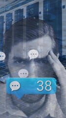 Poster - Animation of message icon with increasing numbers over stressed caucasian man and data processing