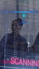 Poster - Animation of graphs, texts, trading board, computer language, diverse coworkers discussing reports