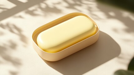 Poster - Light yellow bar of soap in a beige container.