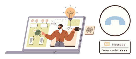 laptop screen displaying a man presenting data, a lightbulb representing ideas, technology symbols t