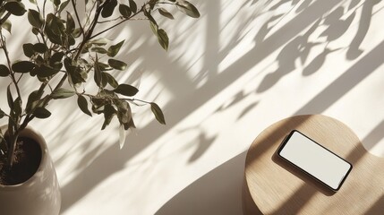 Poster - Sunlight dappled shadows on a plant and a wooden table with a phone.