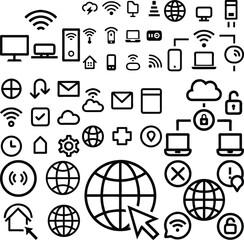Poster - Collection of Black Wireless Technology Icons Computer Network Symbols Internet Globe Email Cloud Download Upload