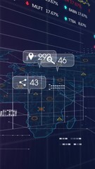 Poster - Animation of changing numbers and icon on message boxes over graphs , trading board and map