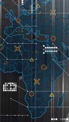 Poster - Animation of world map and data processing against empty computer server room