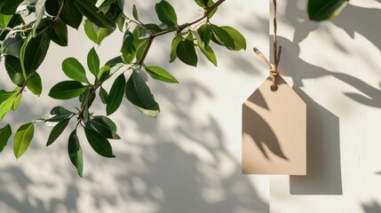 Poster - Empty tag hanging against a wall, with leaves casting shadows.