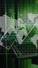 Poster - Animation of map, global, numbers forming blockchain, midsection of man using laptop in server room