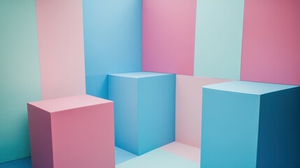 Poster - Pastel colored cube displays against a colorful background.