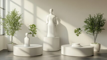 Poster - White pedestal display with sculptural figures and plants.